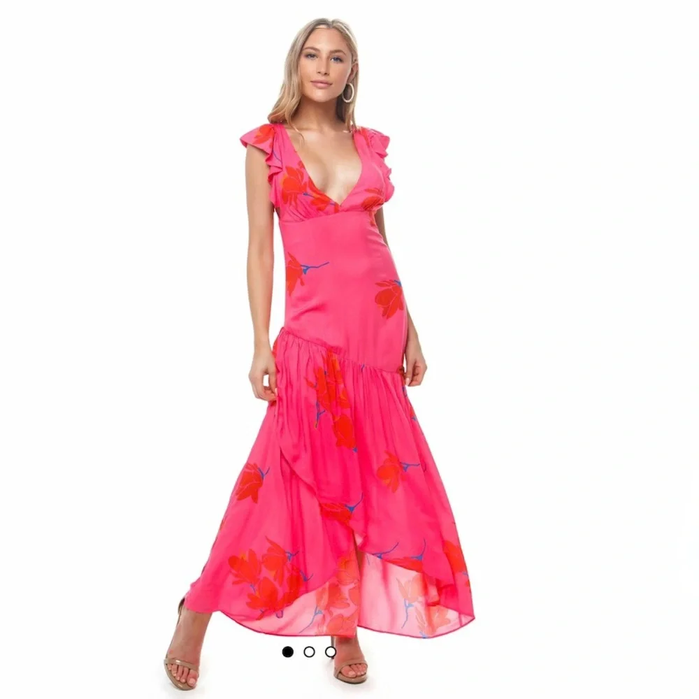 Free People She's a Waterfall Hot Pink Floral Print Ruffled Maxi Dress Size 6